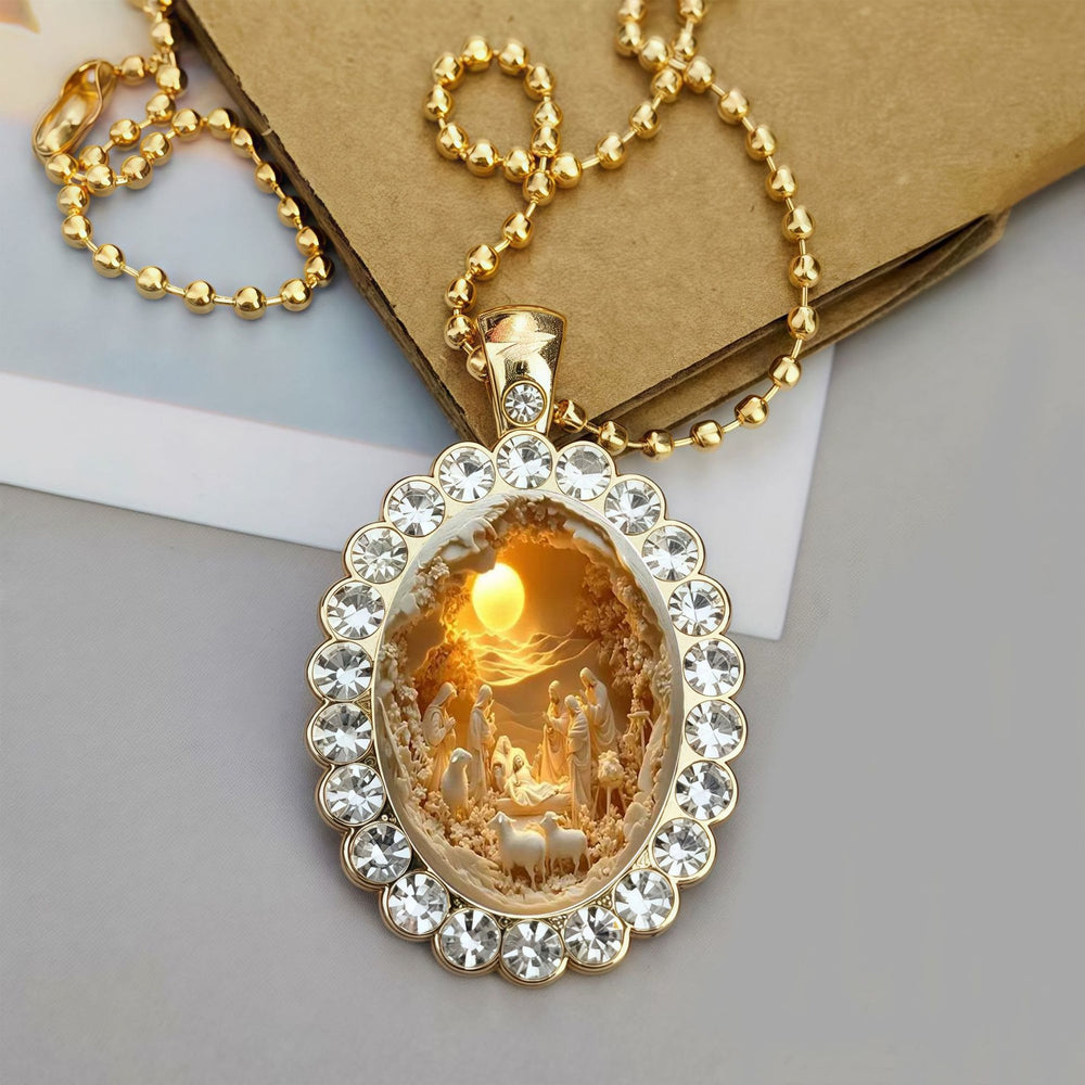 Christianartworkshop Collana con ciondolo a sfera e ritratto di Gesù con cornice ovale: simbolo senza tempo di dolce protezione celeste. - Nascita di Gesù - image 1