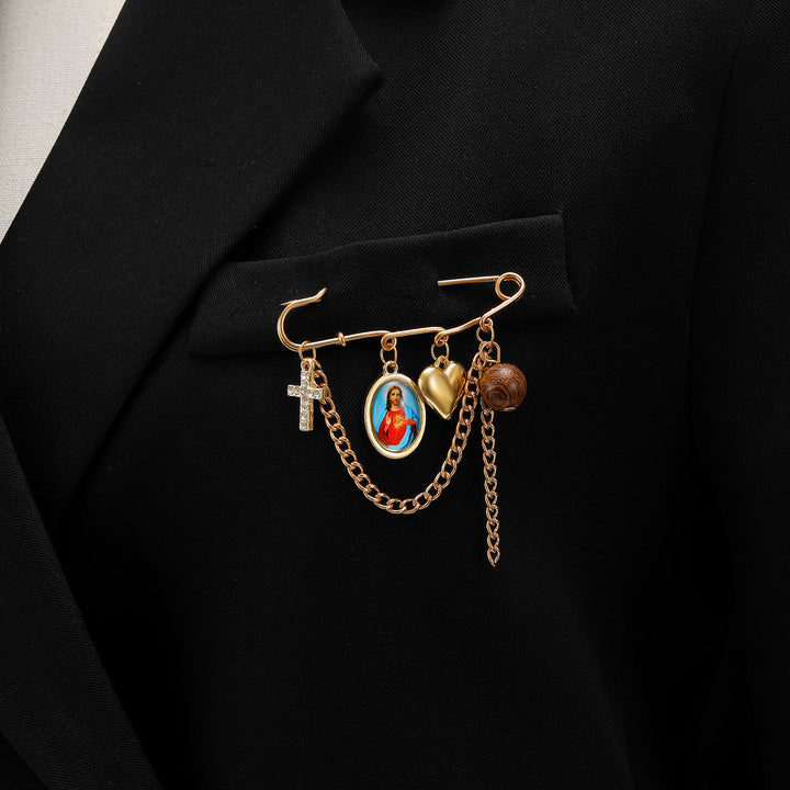 Christianartworkshop Collana con spilla convertibile a spilla da balia con ritratto sacro pendente multiplo: emblema senza tempo di dolce protezione celeste. - Spilla di Gesù - image 13
