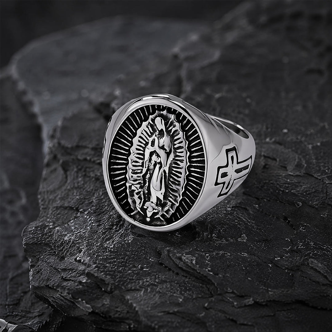 Christianartworkshop Anello con croce della Madonna di Guadalupe in rilievo profondo: emblema senza tempo di una fede sacra incrollabile. - Argento - US 12 - image 8