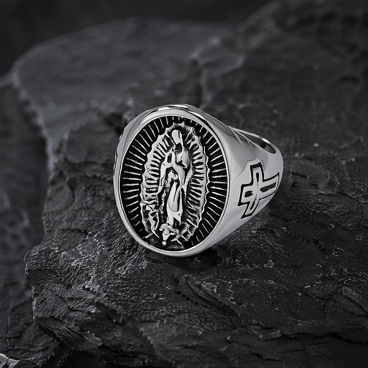 Christianartworkshop Anello con croce della Madonna di Guadalupe in rilievo profondo: emblema senza tempo di una fede sacra incrollabile. - Argento - US 12 - image 8