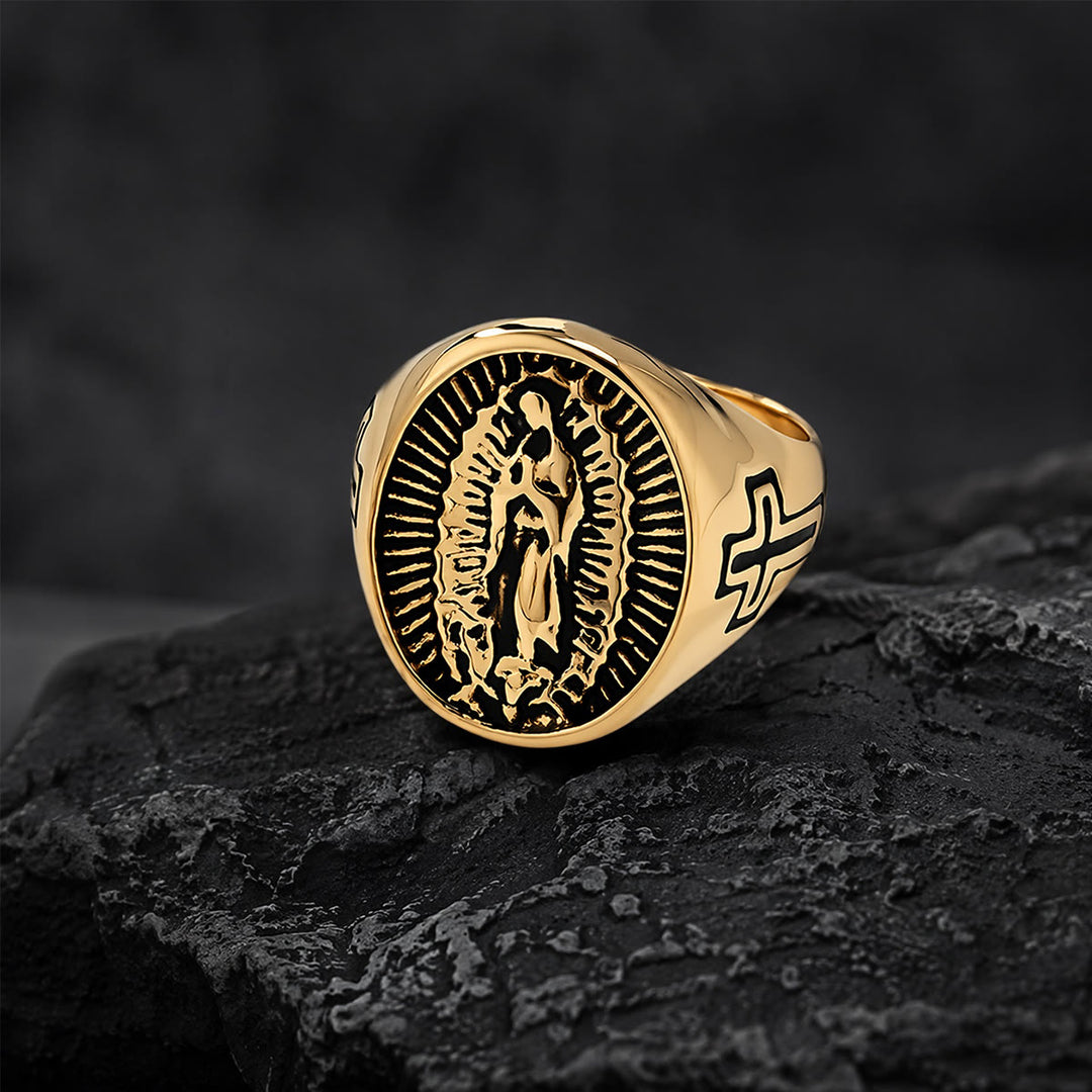 Christianartworkshop Anello con croce della Madonna di Guadalupe in rilievo profondo: emblema senza tempo di una fede sacra incrollabile. - D'oro - US 12 - image 2