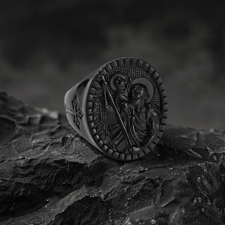 Christianartworkshop Anello con sigillo di San Cristoforo con bordo scanalato e rotondo: emblema senza tempo di una fede sacra incrollabile. - Nero - US 12 - image 14