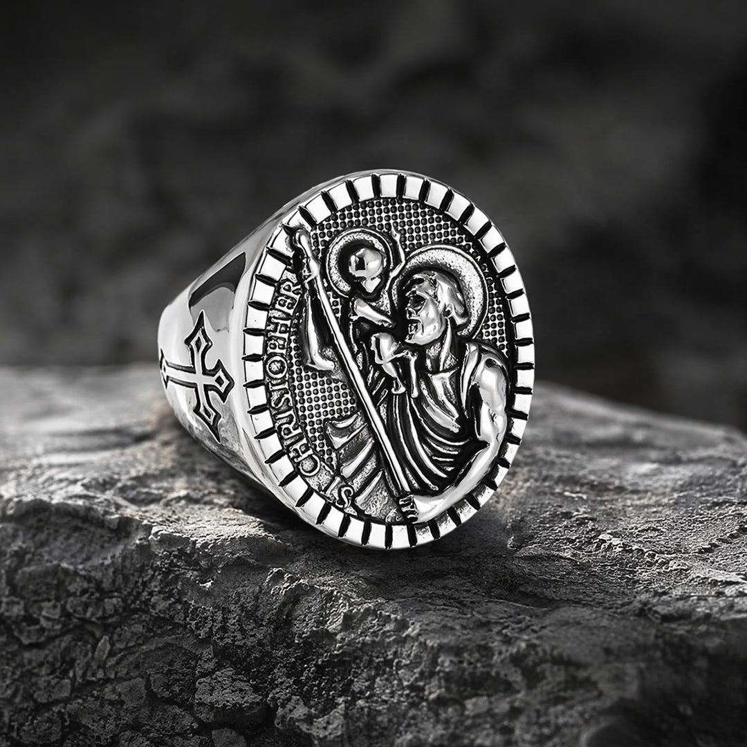 Christianartworkshop Anello con sigillo di San Cristoforo con bordo scanalato e rotondo: emblema senza tempo di una fede sacra incrollabile. - Argento - US 12 - image 3