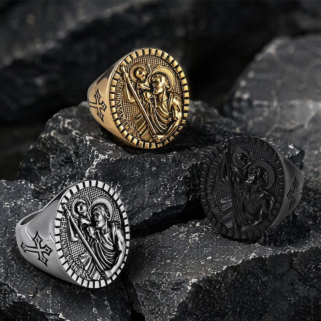 Christianartworkshop Anello con sigillo di San Cristoforo con bordo scanalato e rotondo: emblema senza tempo di una fede sacra incrollabile. - image 1