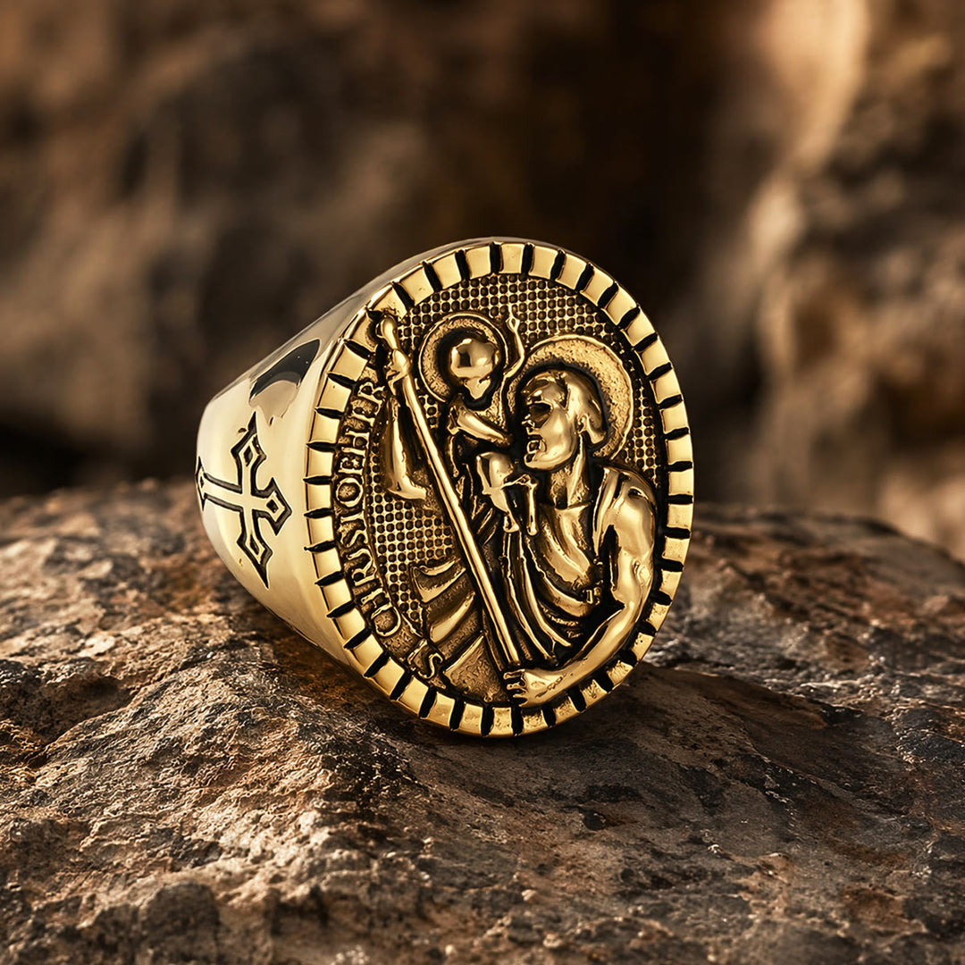Christianartworkshop Anello con sigillo di San Cristoforo con bordo scanalato e rotondo: emblema senza tempo di una fede sacra incrollabile. - D'oro - US 12 - image 10