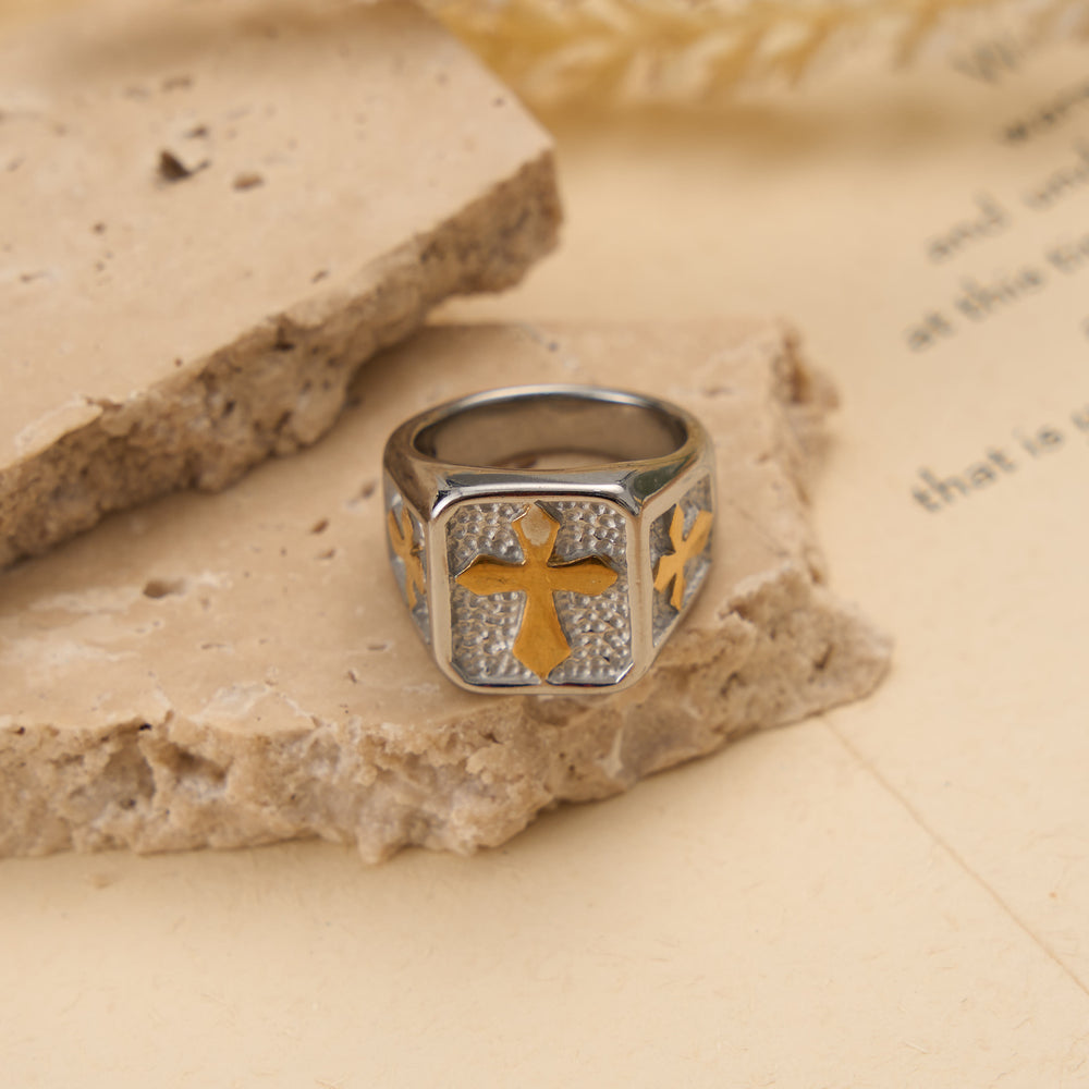 Christianartworkshop Anello con sigillo a croce solida a doppio lato quadrato: emblema senza tempo di fede sacra incrollabile. - Argento e oro - US 15 - image 1