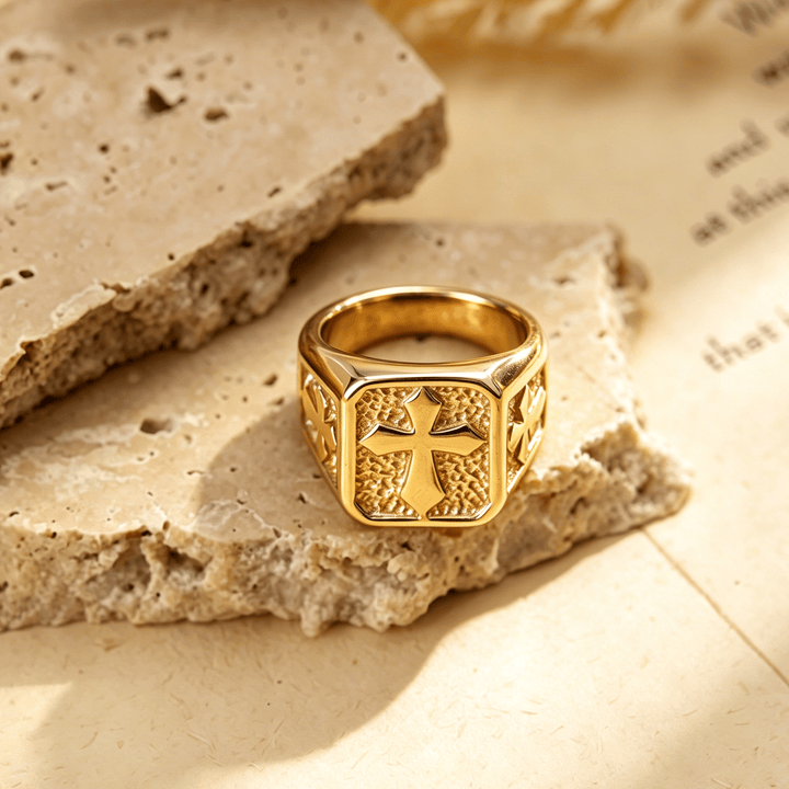 Christianartworkshop Anello con sigillo a croce solida a doppio lato quadrato: emblema senza tempo di fede sacra incrollabile. - D'oro - US 15 - image 3