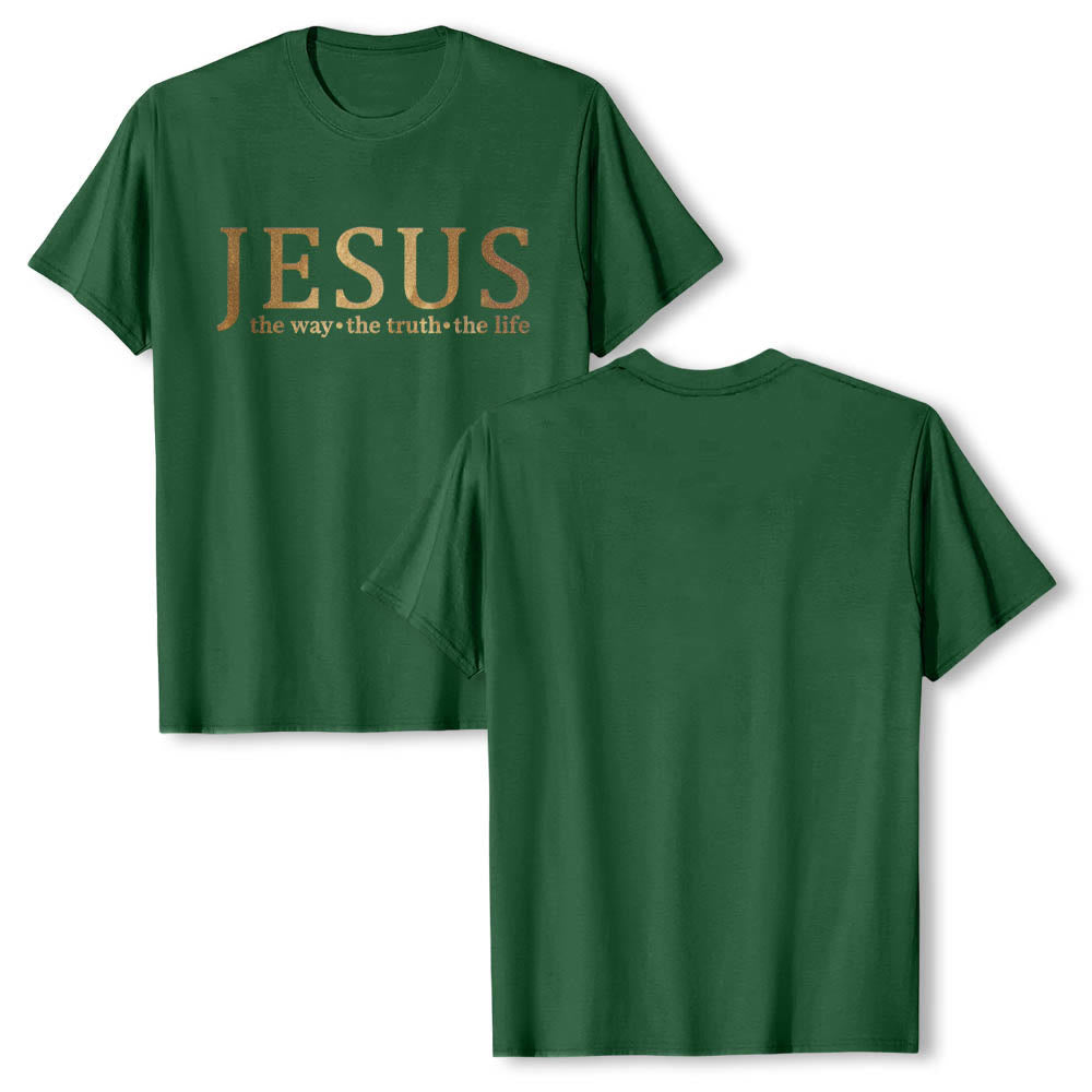 Christianartworkshop Maglietta a maniche corte premium con grande scritta vintage serif JESUS ​​The Way The Truth The Life Dual Font - image 1