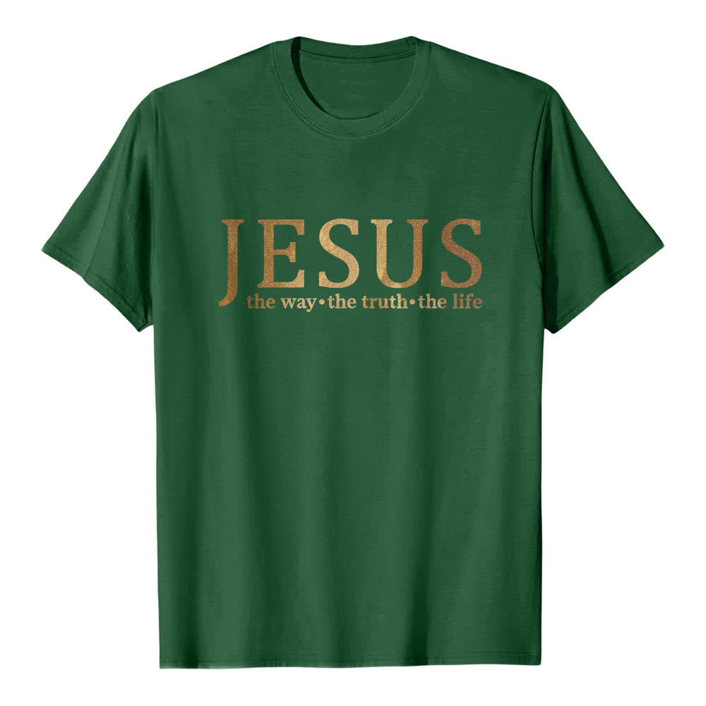 Christianartworkshop Maglietta a maniche corte premium con grande scritta vintage serif JESUS ​​The Way The Truth The Life Dual Font - Verde scuro - 2XL - image 0