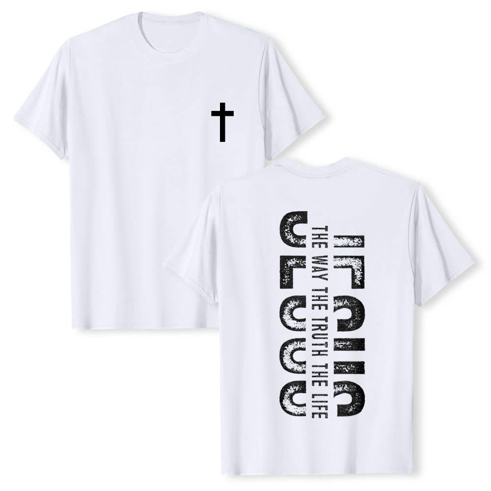Christianartworkshop Maglietta a maniche corte premium con stampa "JESUS ​​The Way The Truth The Life" (La Via, la Verità, la Vita) con croce sul davanti e scritta verticale effetto invecchiato sul retro. - Bianco - 2XL - image 3