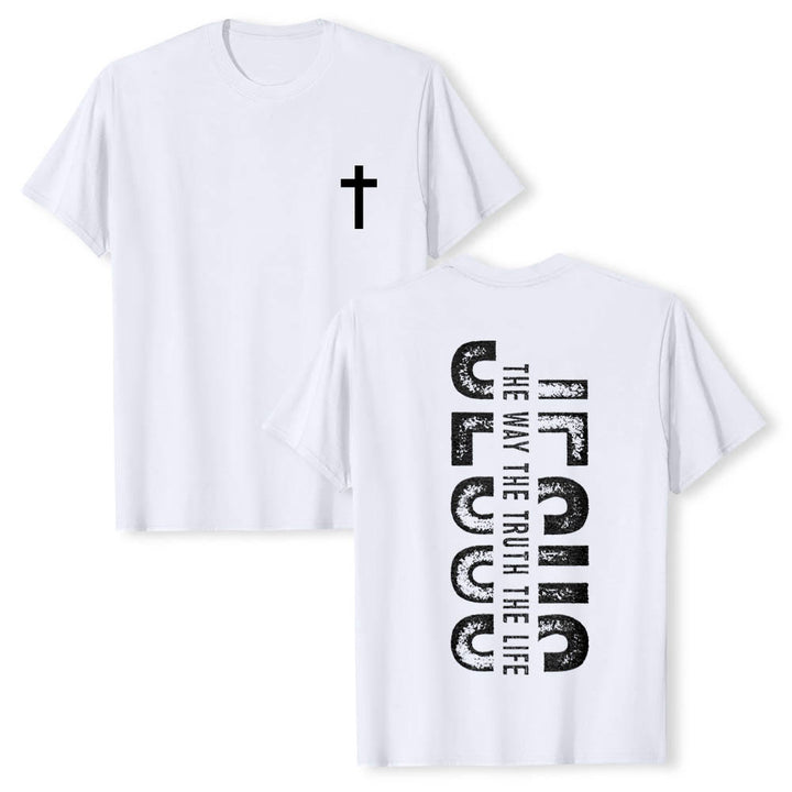 Christianartworkshop Maglietta a maniche corte premium con stampa "JESUS ​​The Way The Truth The Life" (La Via, la Verità, la Vita) con croce sul davanti e scritta verticale effetto invecchiato sul retro. - Bianco - 2XL - image 3