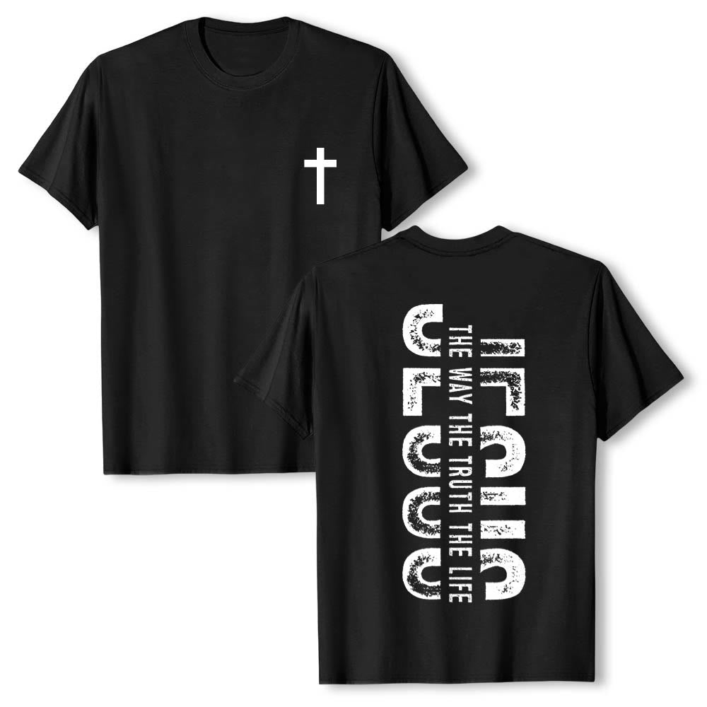 Christianartworkshop Maglietta a maniche corte premium con stampa "JESUS ​​The Way The Truth The Life" (La Via, la Verità, la Vita) con croce sul davanti e scritta verticale effetto invecchiato sul retro. - Nero - 2XL - image 15
