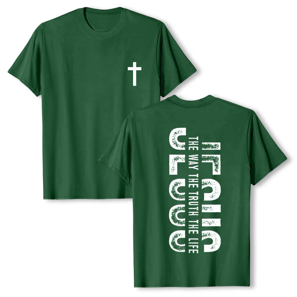 Christianartworkshop Maglietta a maniche corte premium con stampa "JESUS ​​The Way The Truth The Life" (La Via, la Verità, la Vita) con croce sul davanti e scritta verticale effetto invecchiato sul retro. - Verde scuro - 2XL - image 6