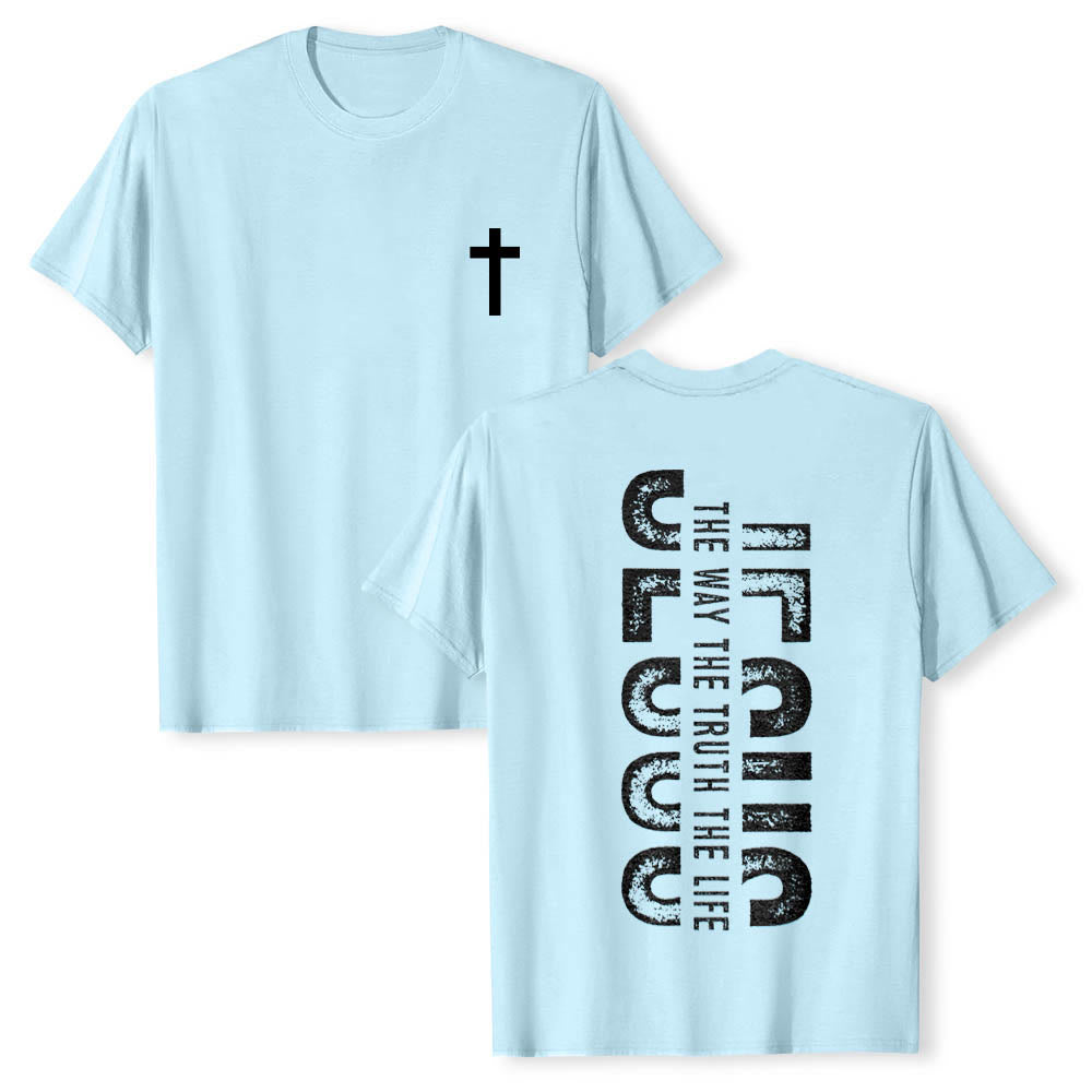 Christianartworkshop Maglietta a maniche corte premium con stampa "JESUS ​​The Way The Truth The Life" (La Via, la Verità, la Vita) con croce sul davanti e scritta verticale effetto invecchiato sul retro. - Blu - 2XL - image 9
