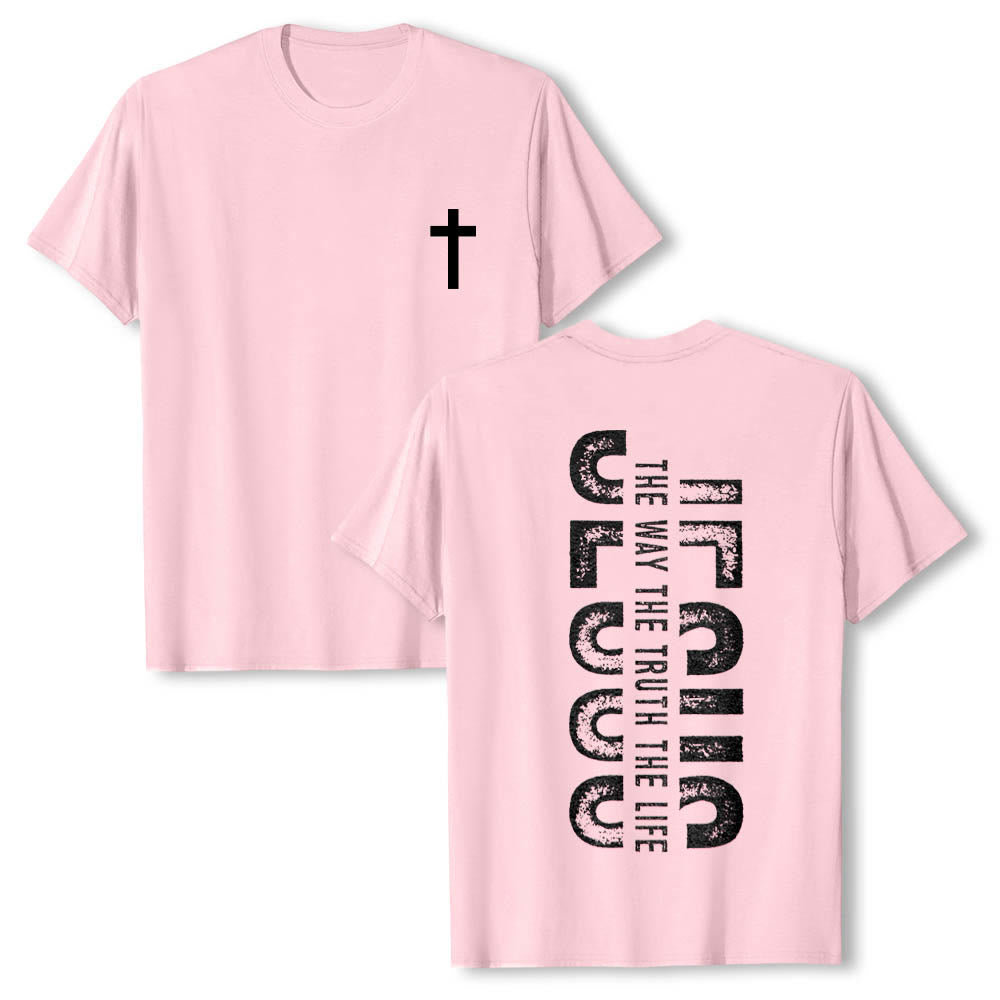 Christianartworkshop Maglietta a maniche corte premium con stampa "JESUS ​​The Way The Truth The Life" (La Via, la Verità, la Vita) con croce sul davanti e scritta verticale effetto invecchiato sul retro. - Rosa - 2XL - image 24