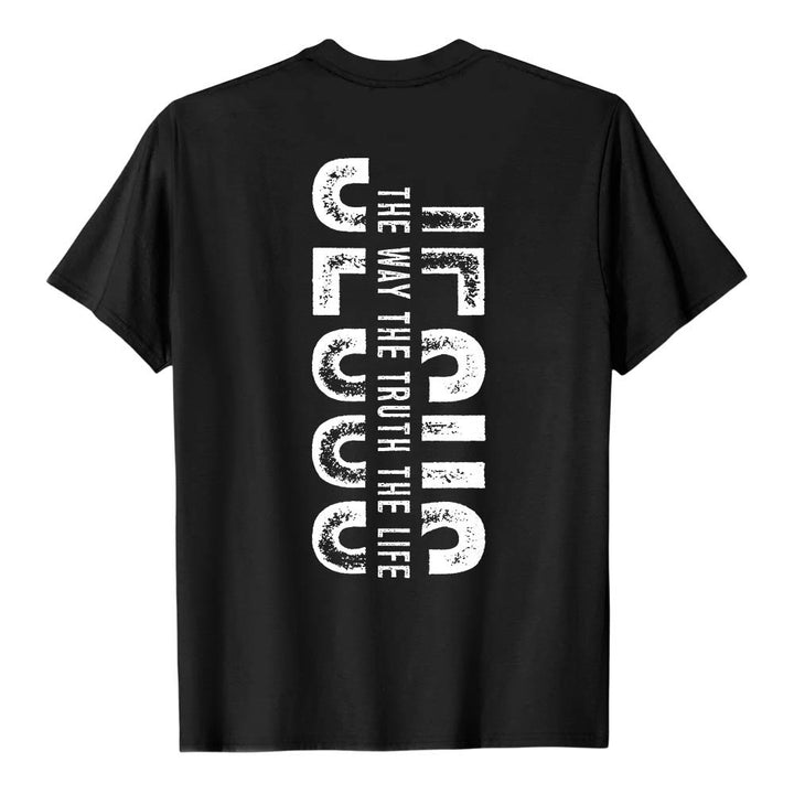 Christianartworkshop Maglietta a maniche corte premium con stampa "JESUS ​​The Way The Truth The Life" (La Via, la Verità, la Vita) con croce sul davanti e scritta verticale effetto invecchiato sul retro. - image 17