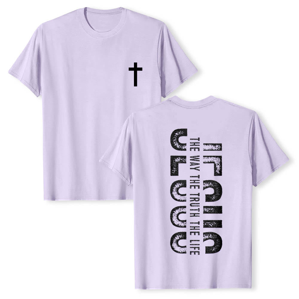 Christianartworkshop Maglietta a maniche corte premium con stampa "JESUS ​​The Way The Truth The Life" (La Via, la Verità, la Vita) con croce sul davanti e scritta verticale effetto invecchiato sul retro. - Viola - 2XL - image 12
