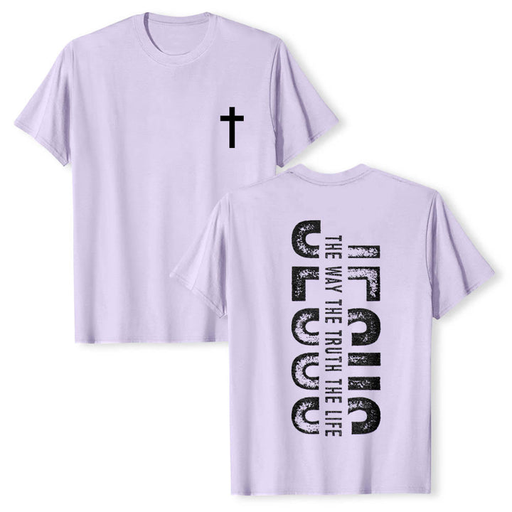 Christianartworkshop Maglietta a maniche corte premium con stampa "JESUS ​​The Way The Truth The Life" (La Via, la Verità, la Vita) con croce sul davanti e scritta verticale effetto invecchiato sul retro. - Viola - 2XL - image 12