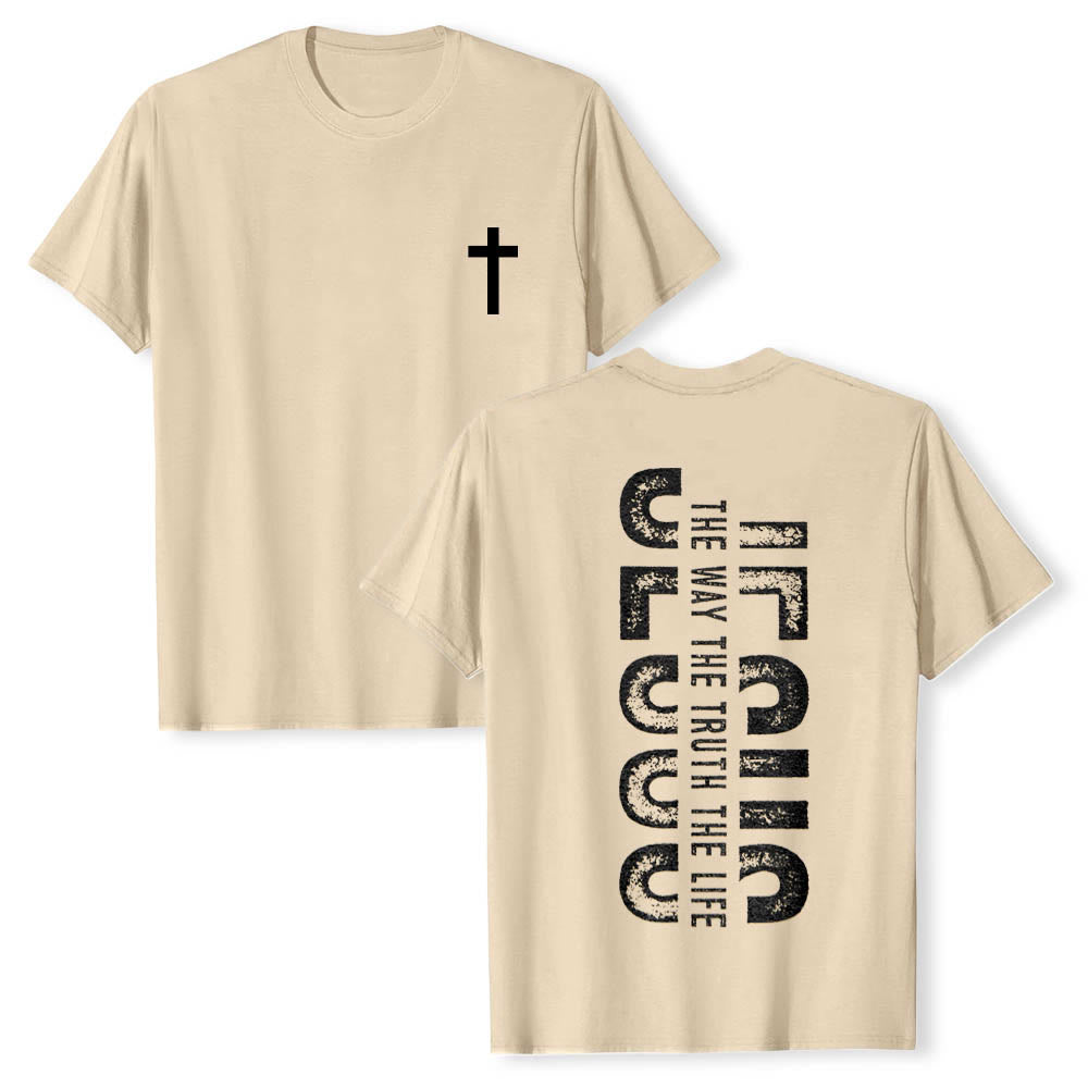 Christianartworkshop Maglietta a maniche corte premium con stampa "JESUS ​​The Way The Truth The Life" (La Via, la Verità, la Vita) con croce sul davanti e scritta verticale effetto invecchiato sul retro. - Beige - 2XL - image 18