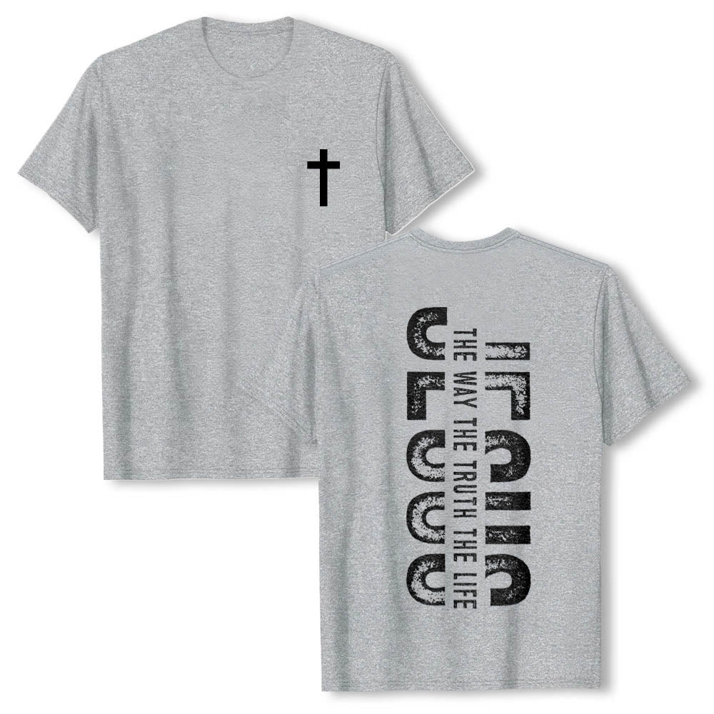 Christianartworkshop Maglietta a maniche corte premium con stampa "JESUS ​​The Way The Truth The Life" (La Via, la Verità, la Vita) con croce sul davanti e scritta verticale effetto invecchiato sul retro. - Grigio - 2XL - image 0
