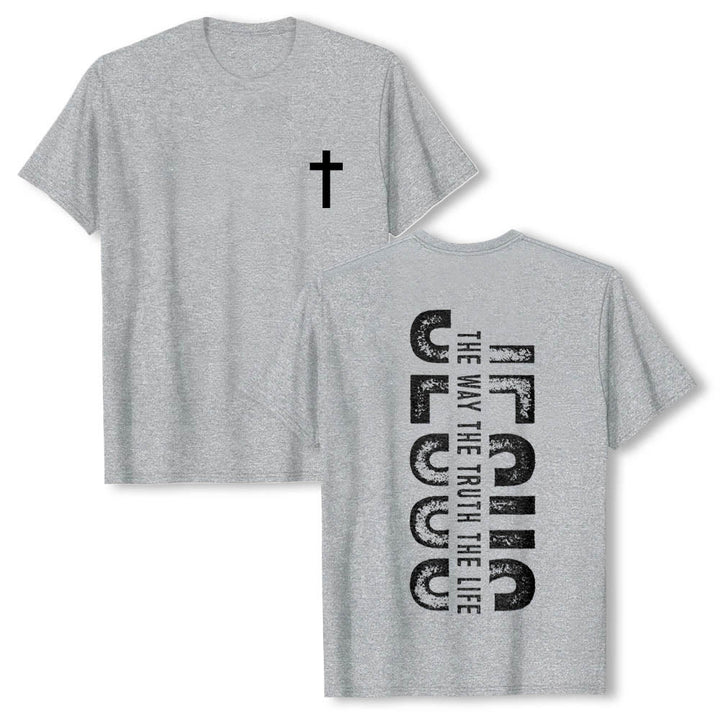 Christianartworkshop Maglietta a maniche corte premium con stampa "JESUS ​​The Way The Truth The Life" (La Via, la Verità, la Vita) con croce sul davanti e scritta verticale effetto invecchiato sul retro. - Grigio - 2XL - image 0