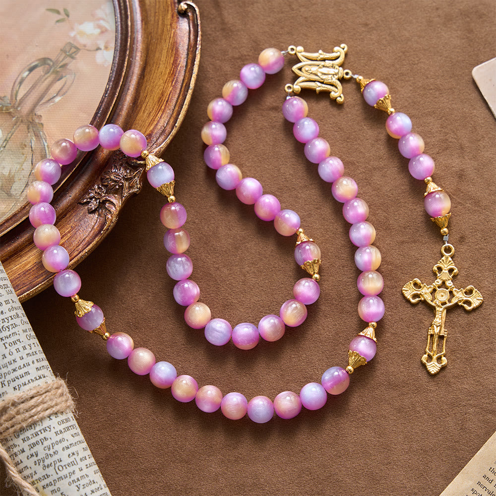 Christianartworkshop Crocifisso con perline occhio di gatto iridescenti sfumate e rosario arcuato della Madonna - Rosario sognante con sfumature viola - image 0
