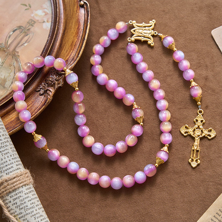Christianartworkshop Crocifisso con perline occhio di gatto iridescenti sfumate e rosario arcuato della Madonna - Rosario sognante con sfumature viola - image 0