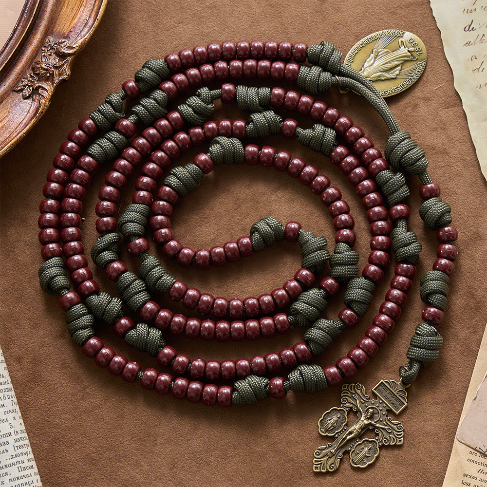 Christianartworkshop 15 Decadi Paracord Marrone Perline a Bariletto Medaglia Miracolosa Crocifisso a Triplo Pannello Rosario Crocifisso a Triplo Pannello - Rosario in paracord a 15 decadi - image 0