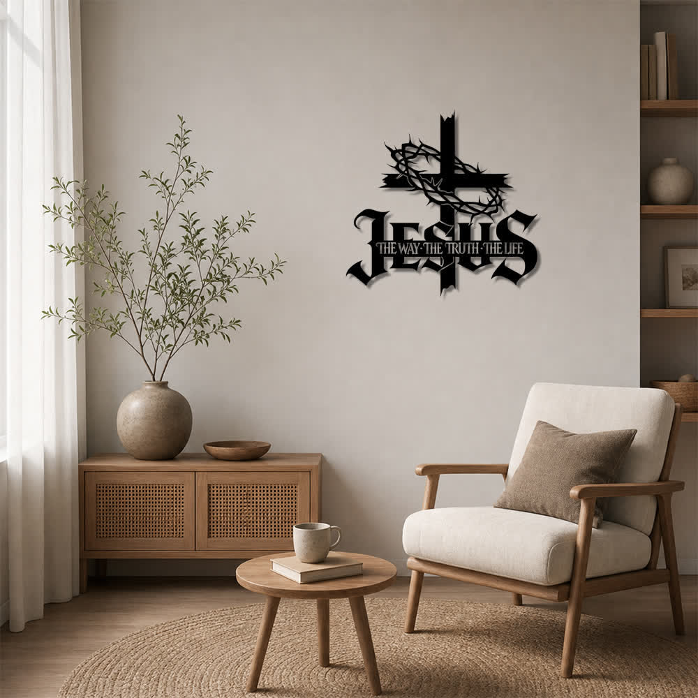 Christianartworkshop Decorazione murale in metallo con croce, corona di spine e versetto biblico di Gesù: simbolo dell'eterna verità divina. - image 1