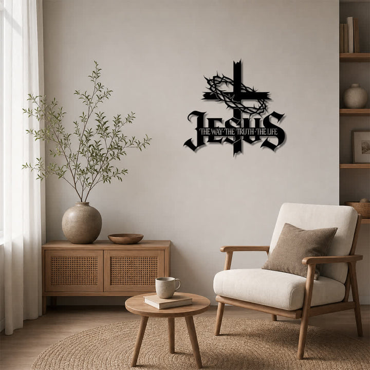 Christianartworkshop Decorazione murale in metallo con croce, corona di spine e versetto biblico di Gesù: simbolo dell'eterna verità divina. - image 1
