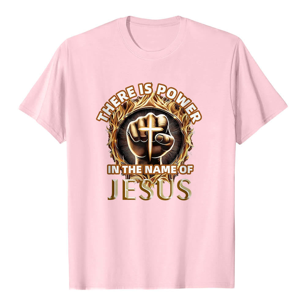 Christianartworkshop C'è potere nel nome di Gesù - Maglietta a maniche corte con pugno chiuso, croce e fiamma circolare - Rosa - 2XL - image 24