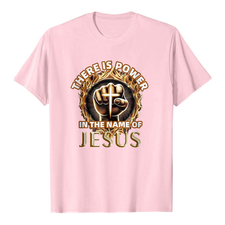 Christianartworkshop C'è potere nel nome di Gesù - Maglietta a maniche corte con pugno chiuso, croce e fiamma circolare - Rosa - 2XL - image 24