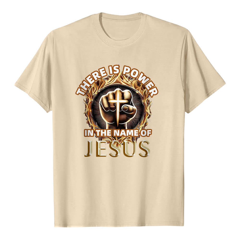 Christianartworkshop C'è potere nel nome di Gesù - Maglietta a maniche corte con pugno chiuso, croce e fiamma circolare - Beige - 2XL - image 18