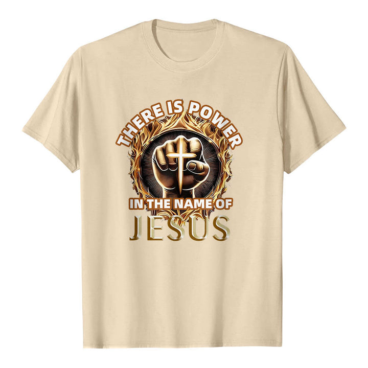 Christianartworkshop C'è potere nel nome di Gesù - Maglietta a maniche corte con pugno chiuso, croce e fiamma circolare - Beige - 2XL - image 18