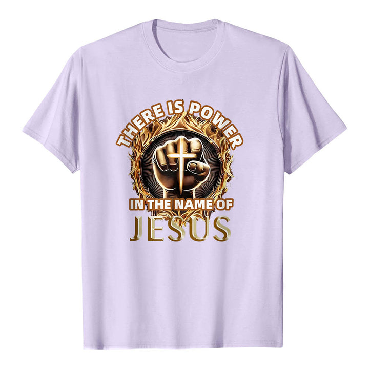 Christianartworkshop C'è potere nel nome di Gesù - Maglietta a maniche corte con pugno chiuso, croce e fiamma circolare - Viola - 2XL - image 12