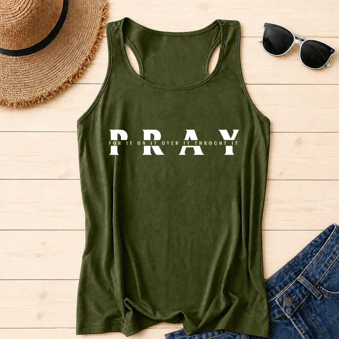 Christianartworkshop Canotta da corsa con stampa frontale "PRAY" sovrapposta con frasi a preposizioni multiple e effetto invecchiato. - Verde militare - 2XL - image 12