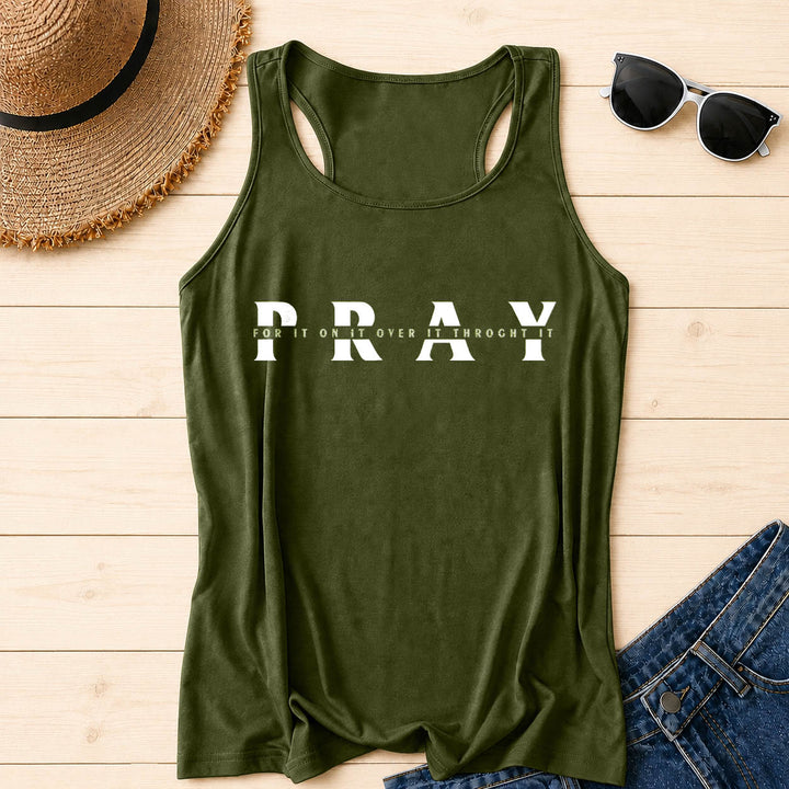 Christianartworkshop Canotta da corsa con stampa frontale "PRAY" sovrapposta con frasi a preposizioni multiple e effetto invecchiato. - Verde militare - 2XL - image 12
