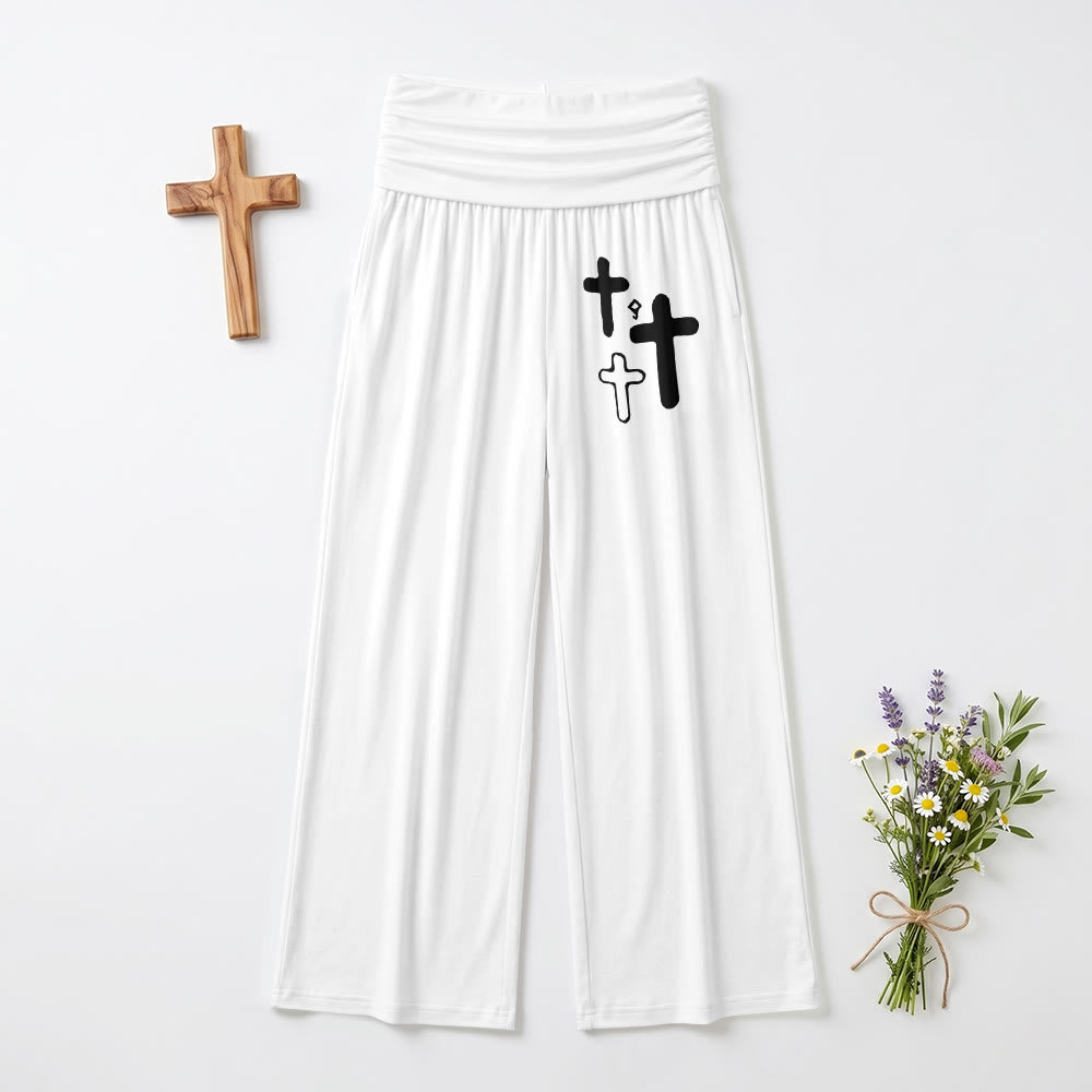 Christianartworkshop Pantaloni a gamba larga con stampa grafica multi-croce minimal sul davanti e sui fianchi, risvoltati, vita alta. - Bianco - US22,UK/AU26,EU54 (6XL) - image 0