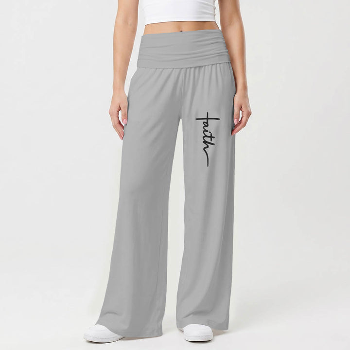 Christianartworkshop Stampa con scritta in corsivo verticale "Faith" Pantaloni a gamba larga a vita alta con risvolto ripiegabili - image 7