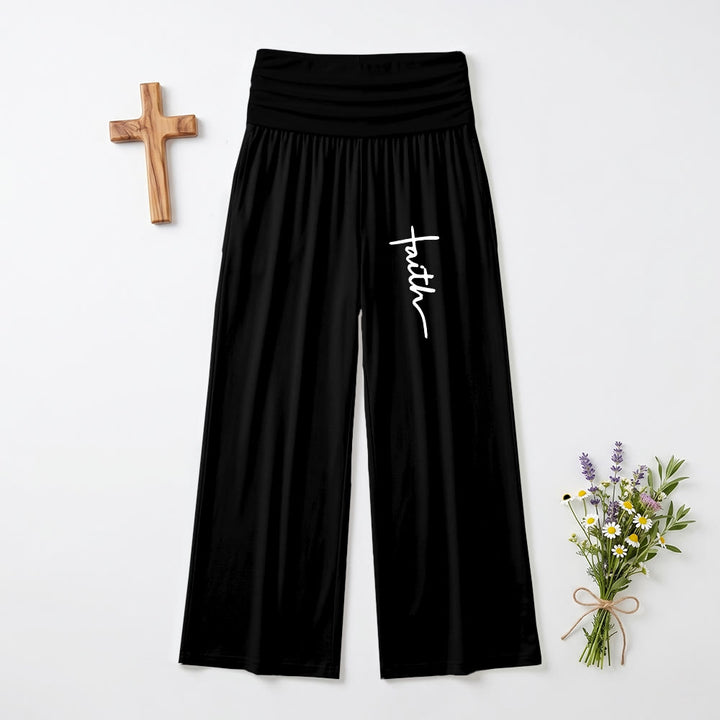 Christianartworkshop Stampa con scritta in corsivo verticale "Faith" Pantaloni a gamba larga a vita alta con risvolto ripiegabili - Nero - US22,UK/AU26,EU54 (6XL) - image 0