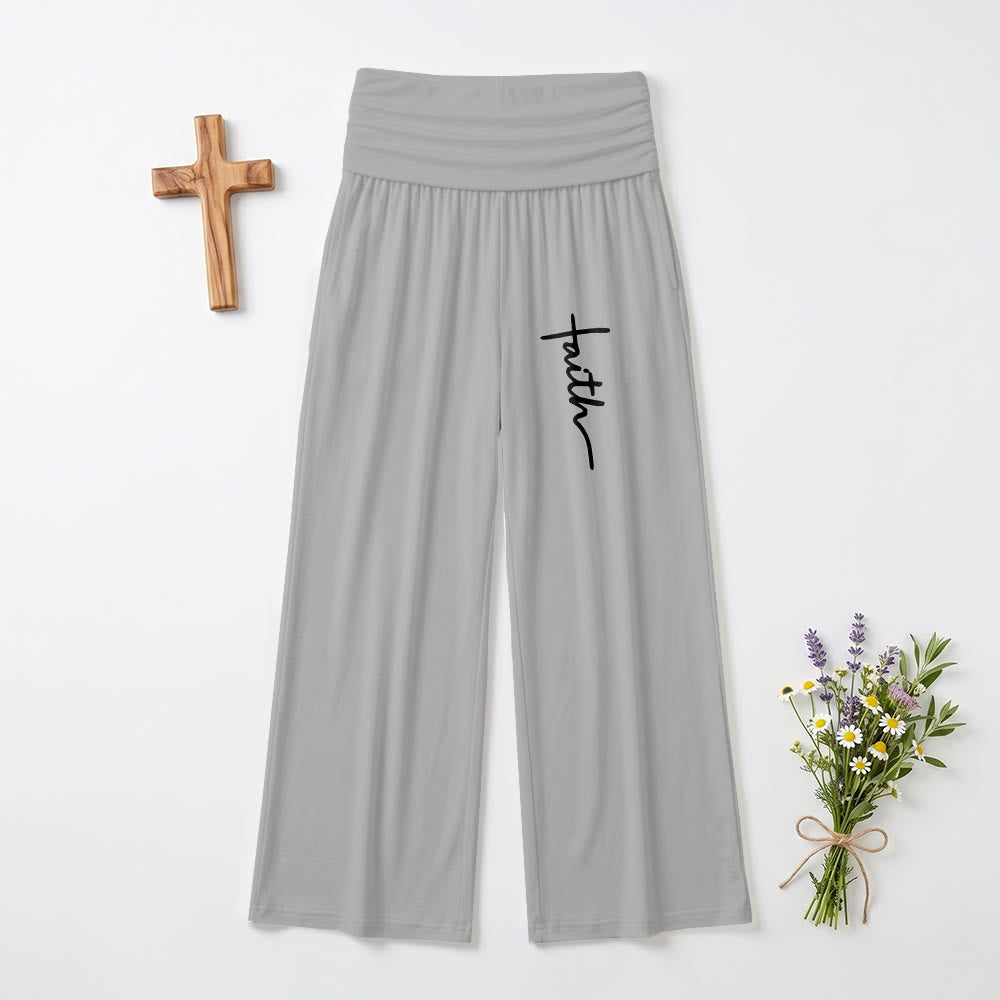 Christianartworkshop Stampa con scritta in corsivo verticale "Faith" Pantaloni a gamba larga a vita alta con risvolto ripiegabili - Grigio - US22,UK/AU26,EU54 (6XL) - image 6