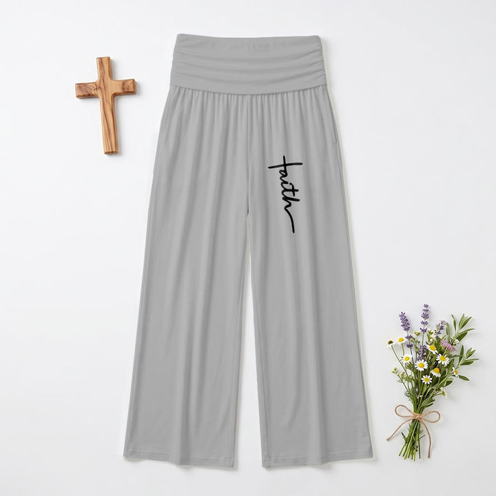 Christianartworkshop Stampa con scritta in corsivo verticale "Faith" Pantaloni a gamba larga a vita alta con risvolto ripiegabili - Grigio - US22,UK/AU26,EU54 (6XL) - image 6