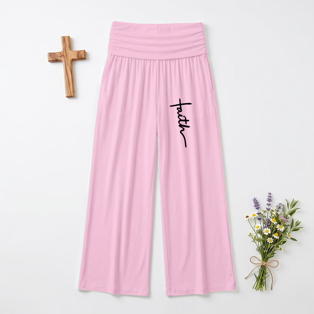 Christianartworkshop Stampa con scritta in corsivo verticale "Faith" Pantaloni a gamba larga a vita alta con risvolto ripiegabili - Rosa - US22,UK/AU26,EU54 (6XL) - image 9