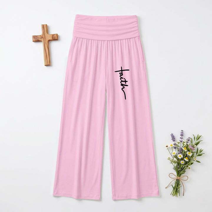 Christianartworkshop Stampa con scritta in corsivo verticale "Faith" Pantaloni a gamba larga a vita alta con risvolto ripiegabili - Rosa - US22,UK/AU26,EU54 (6XL) - image 9