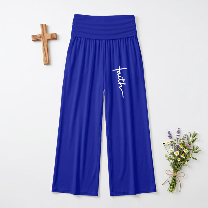 Christianartworkshop Stampa con scritta in corsivo verticale "Faith" Pantaloni a gamba larga a vita alta con risvolto ripiegabili - Blu - US22,UK/AU26,EU54 (6XL) - image 12