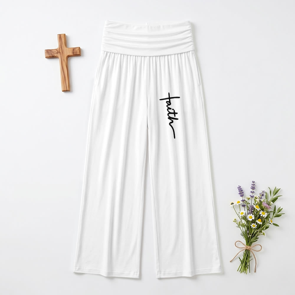 Christianartworkshop Stampa con scritta in corsivo verticale "Faith" Pantaloni a gamba larga a vita alta con risvolto ripiegabili - Bianco - US22,UK/AU26,EU54 (6XL) - image 3