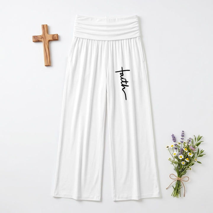 Christianartworkshop Stampa con scritta in corsivo verticale "Faith" Pantaloni a gamba larga a vita alta con risvolto ripiegabili - Bianco - US22,UK/AU26,EU54 (6XL) - image 3