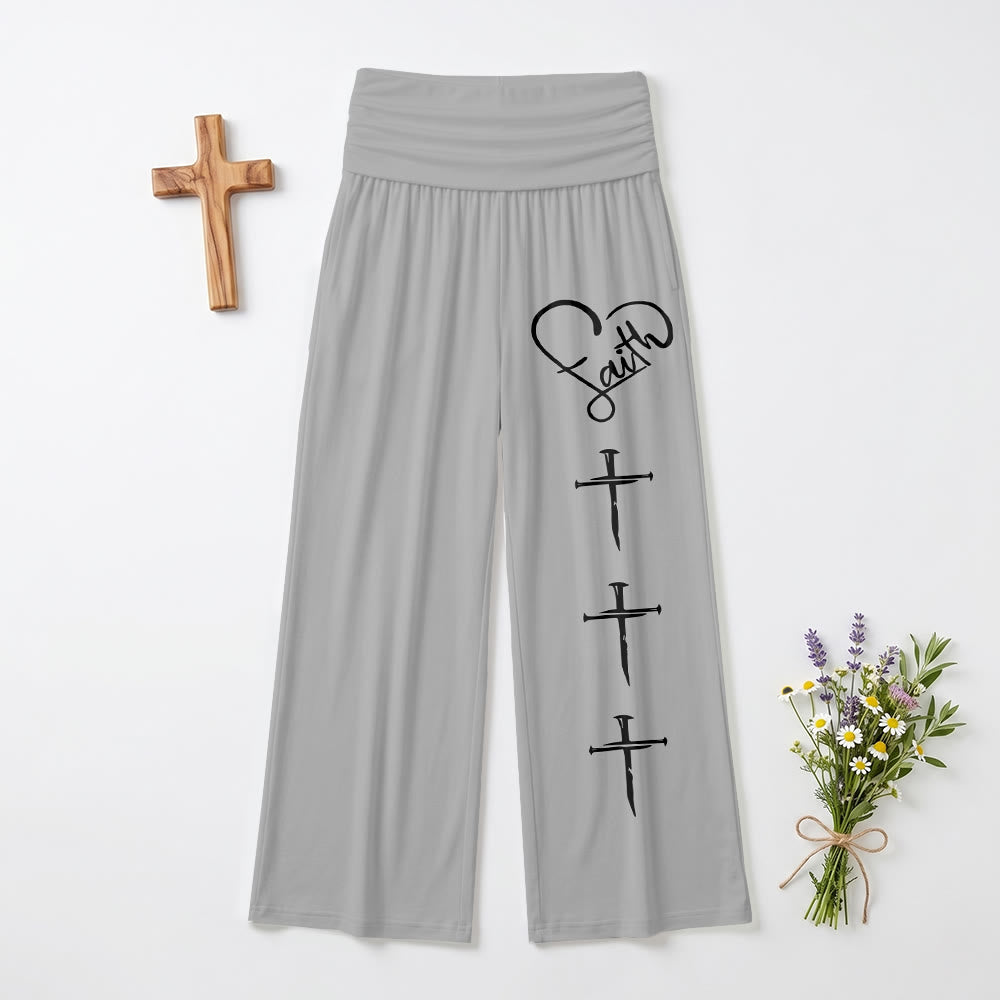 Christianartworkshop Contorno di cuore Fede Corsivo Tre Chiodi verticali Croce Stampa Pantaloni a gamba larga - Grigio - US22,UK/AU26,EU54 (6XL) - image 0