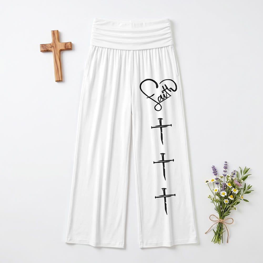Christianartworkshop Contorno di cuore Fede Corsivo Tre Chiodi verticali Croce Stampa Pantaloni a gamba larga - Bianco - US22,UK/AU26,EU54 (6XL) - image 9
