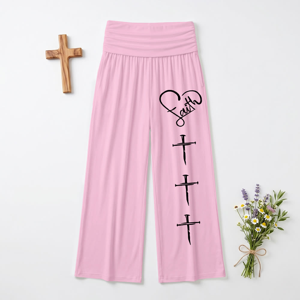 Christianartworkshop Contorno di cuore Fede Corsivo Tre Chiodi verticali Croce Stampa Pantaloni a gamba larga - Rosa - US22,UK/AU26,EU54 (6XL) - image 3